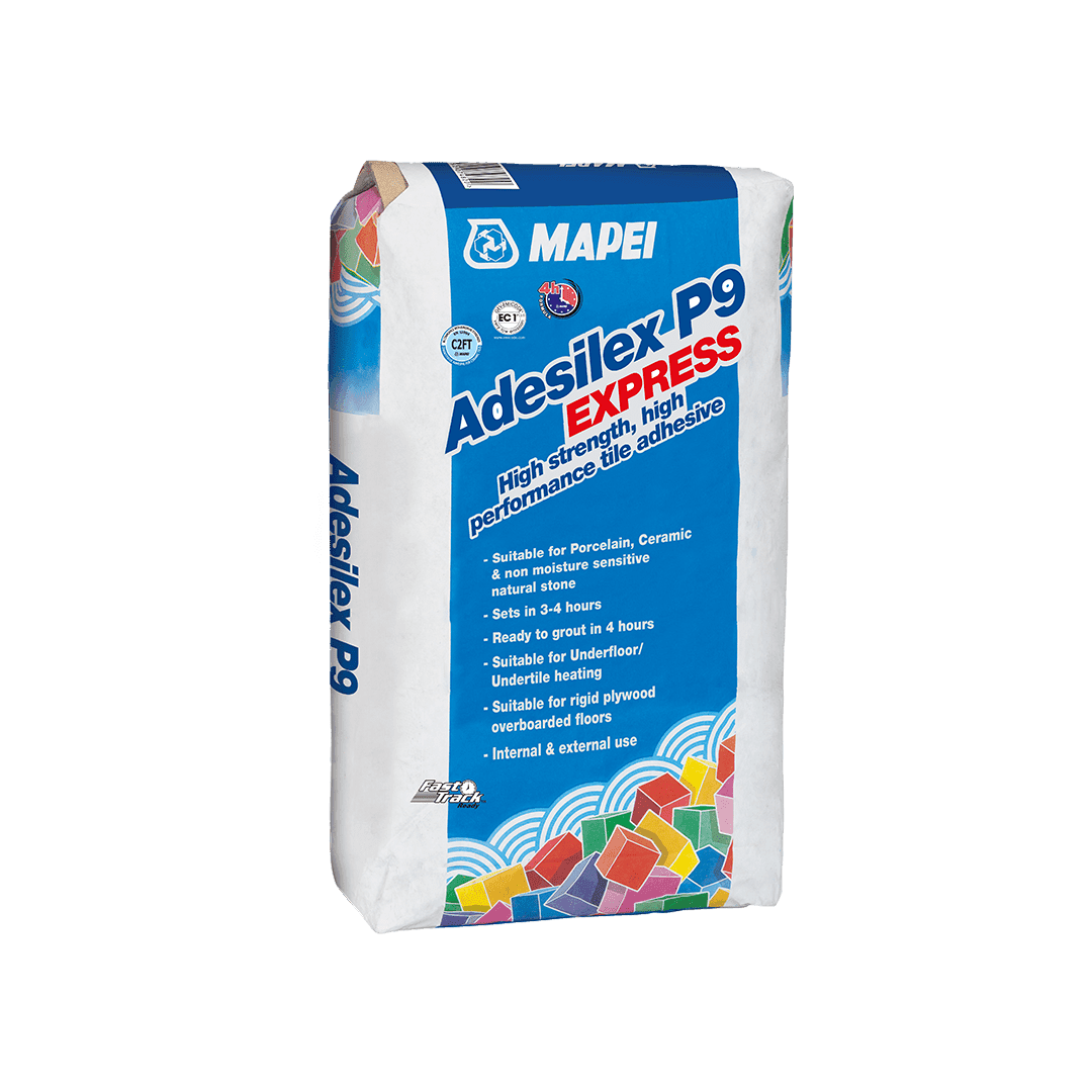 Bag of Mapei Adesilex P9 EXPRESS tile adhesive for internal and external use.
