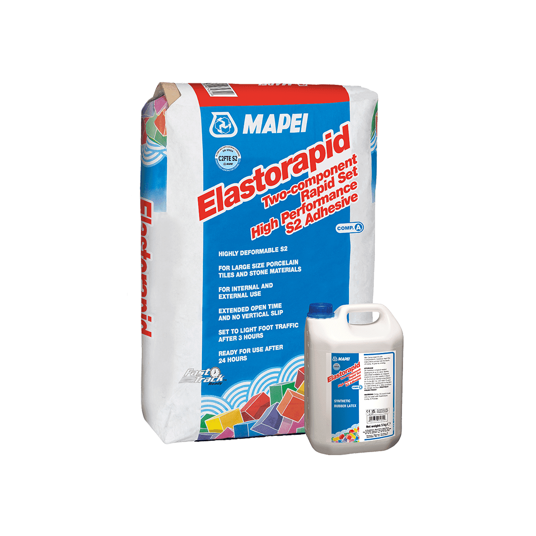 A bag of Mapei Elastorapid adhesive with a description and a bottle.
