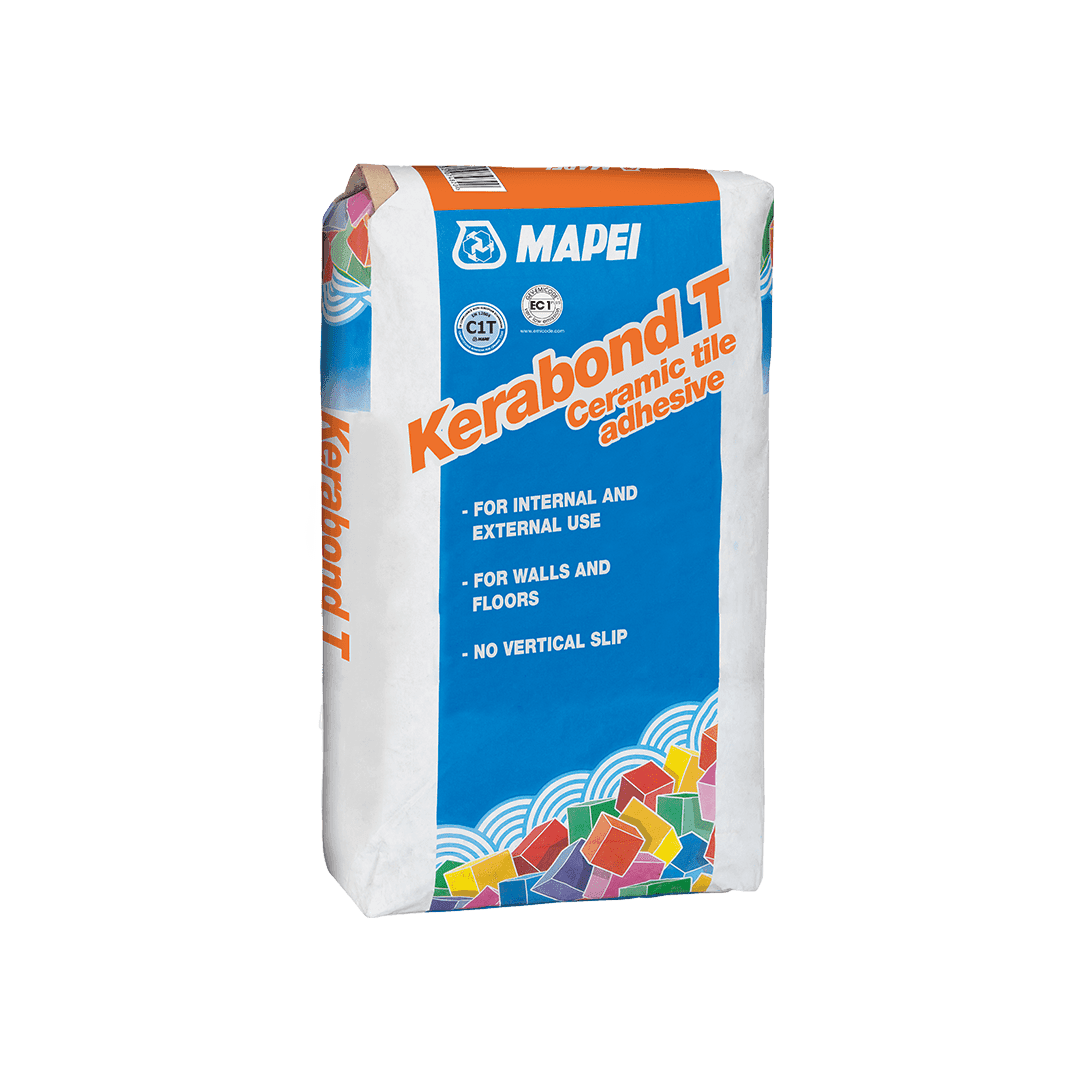 A bag of Kerabond T ceramic tile adhesive by MAPEI for walls and floors.