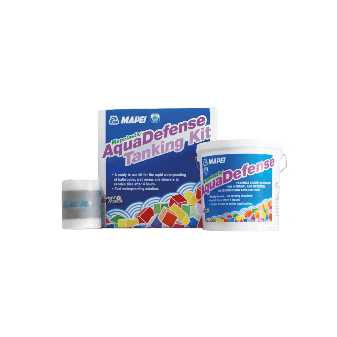 MAPEI Aqua Defense Tanking Kit with a blue box, a bucket, and a roll of fabric on a plain background.