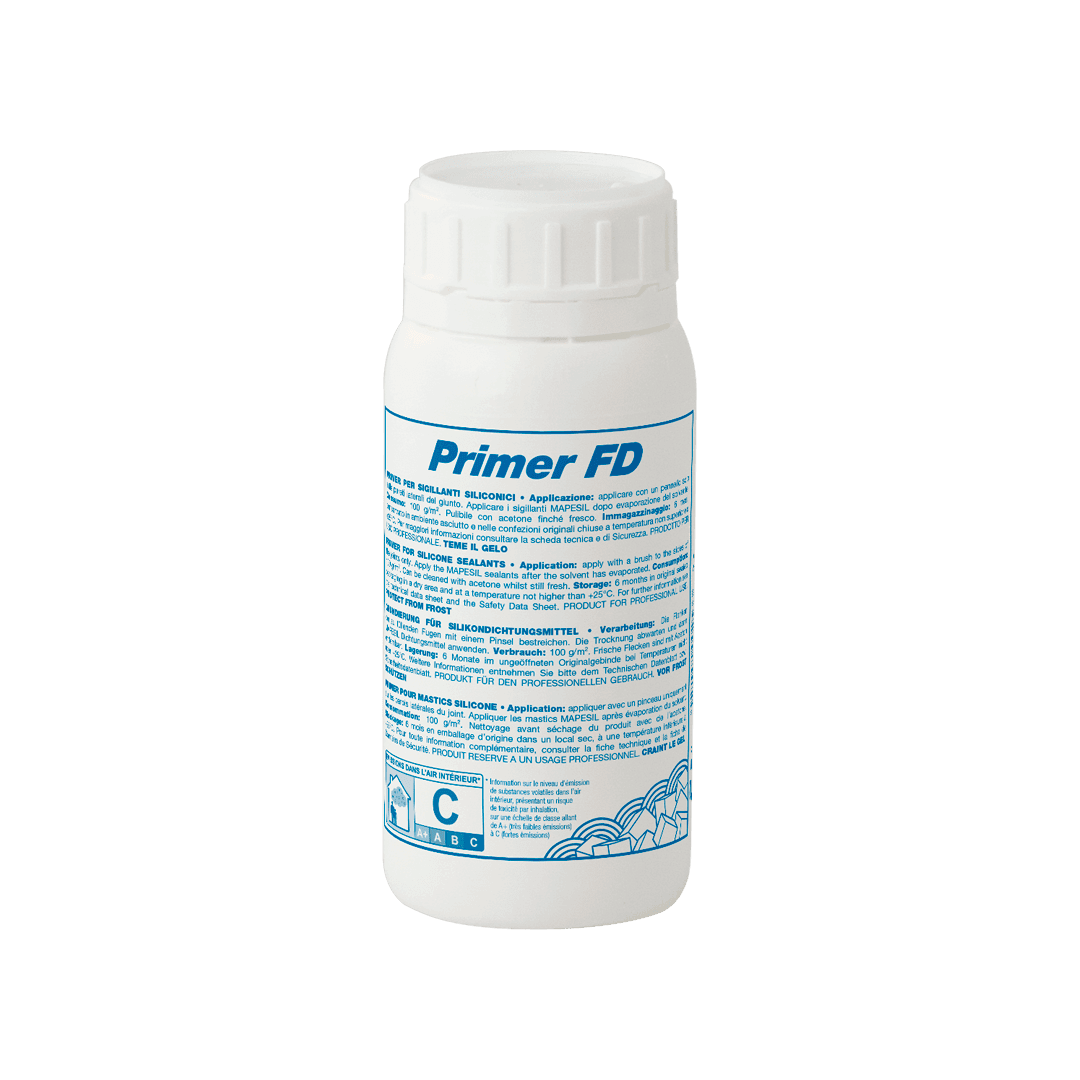 A white plastic bottle labeled "Primer FD" with blue text and graphics on a transparent background.