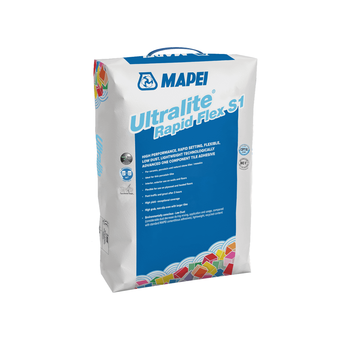 Bag of Mapei Ultralite Rapid Flex S1 tile adhesive on a white background.