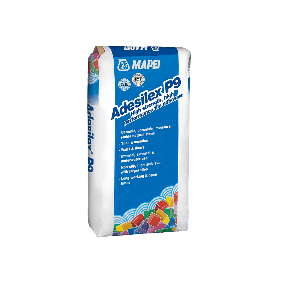 A package of MAPEI Adesilex P9 high-strength tile adhesive with product details.