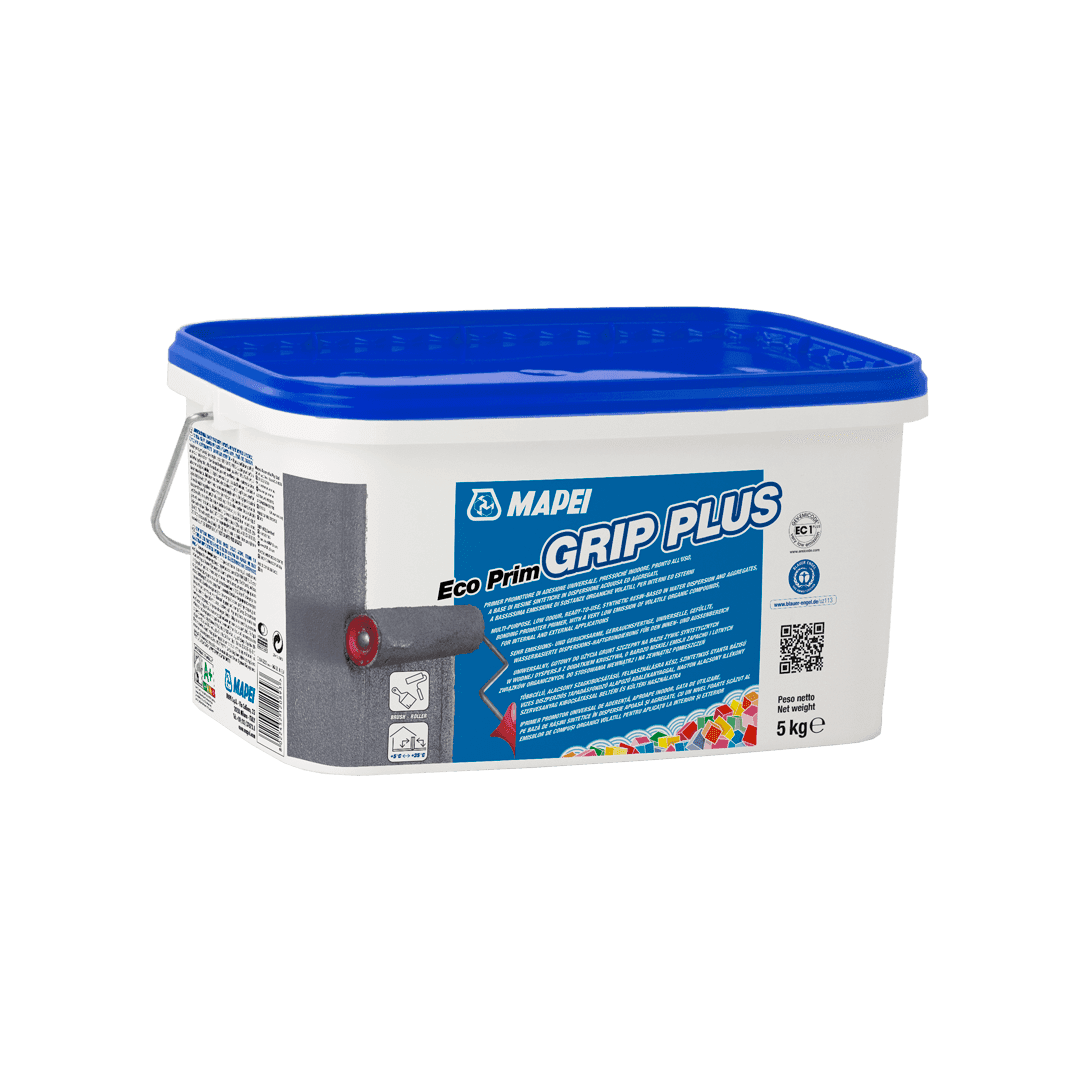 Container of MAPEI Eco Prim Grip Plus primer with blue lid on a white background.