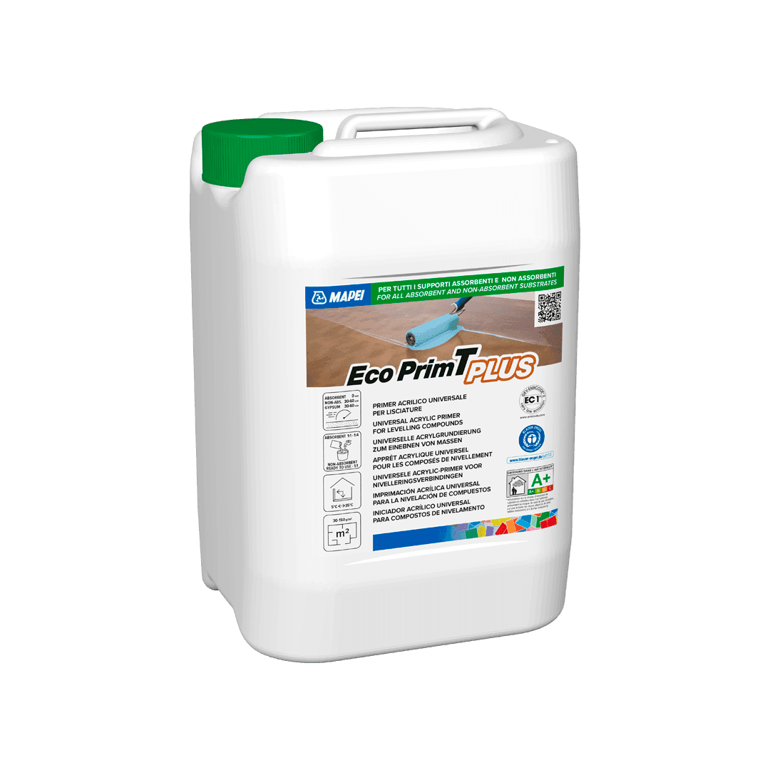 White canister of Eco Prim Plus primer with branding and instructions.