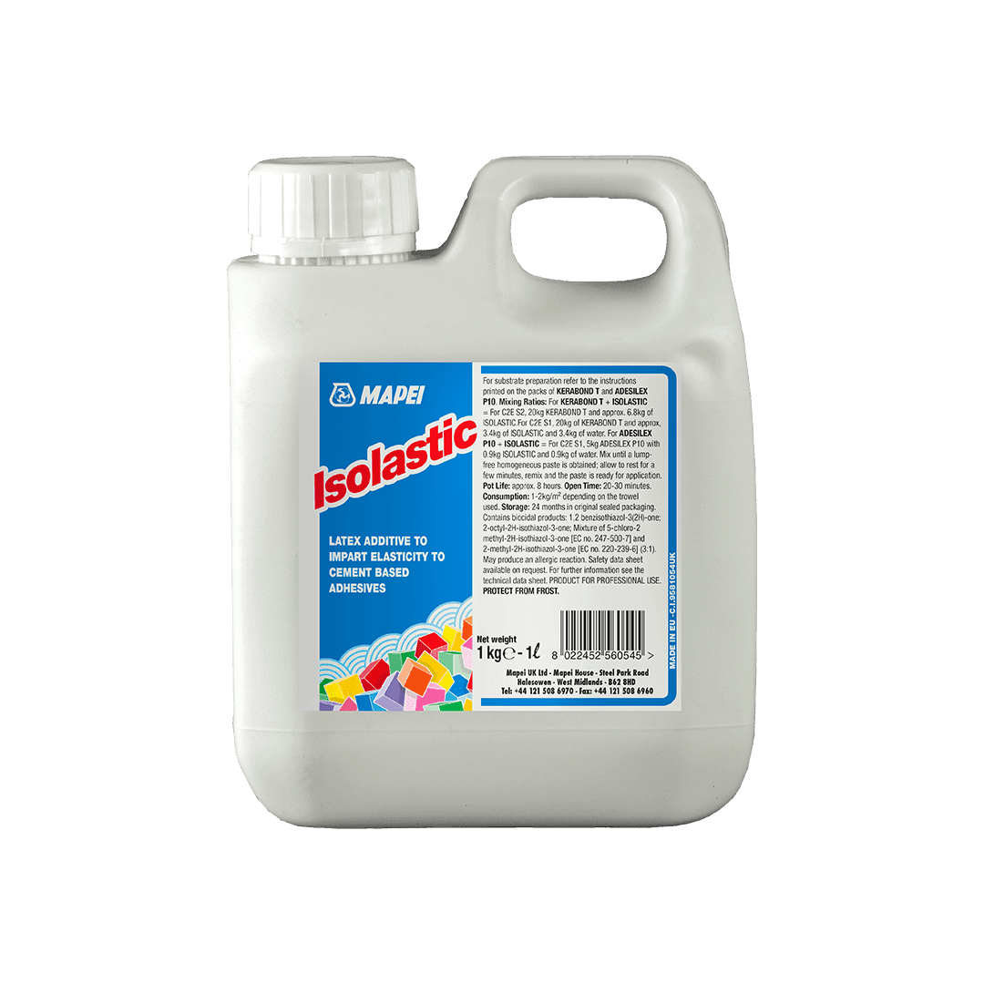 White plastic jug labeled Mapei Isolastic, latex additive to improve elasticity of cement adhesives.