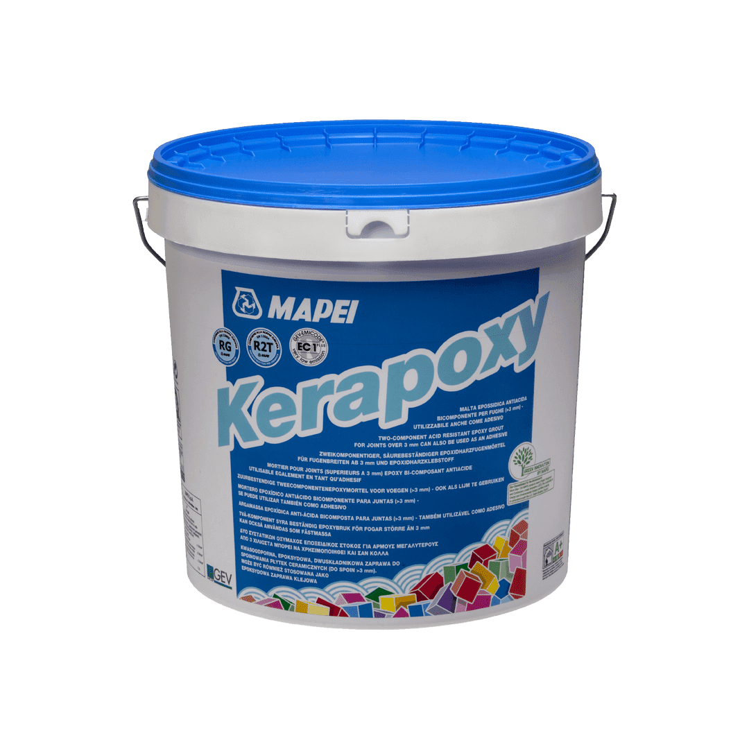 A plastic bucket of MAPEI Kerapoxy grout with a blue lid on a white background.