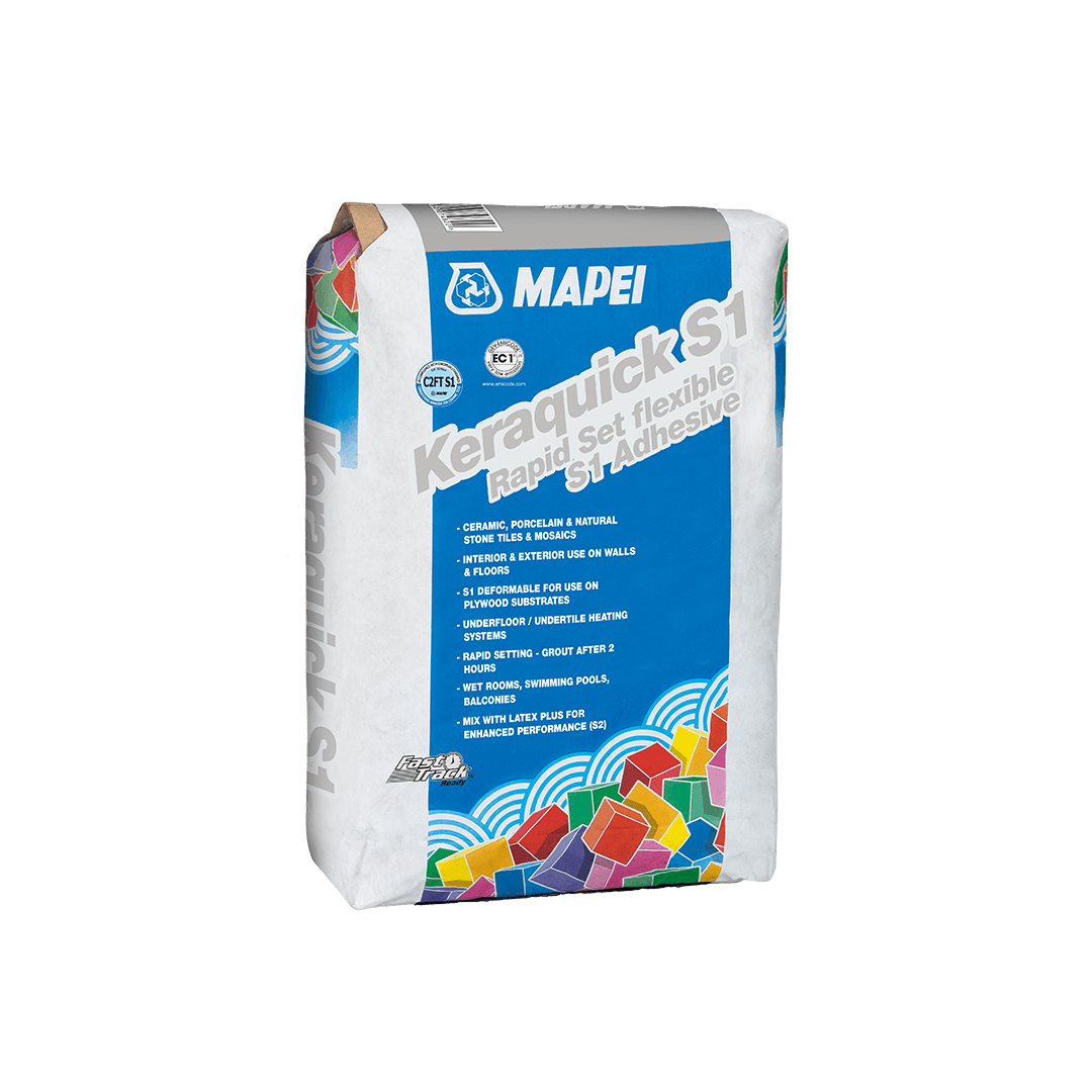A bag of Mapei Keraquick S1 rapid set flexible tile adhesive with product details.