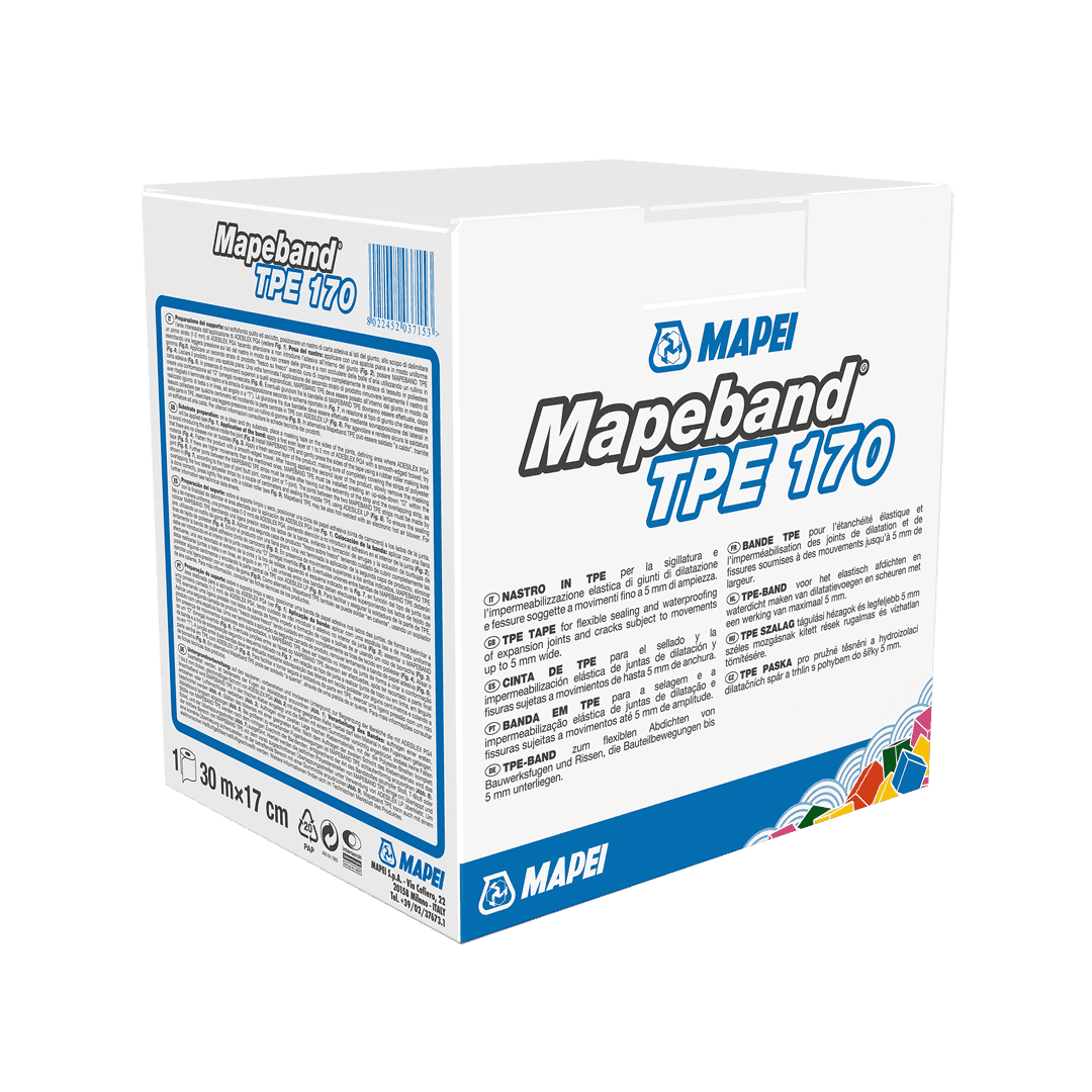 Box of Mapeband TPE 170, a waterproofing tape, with product information and brand logo.
