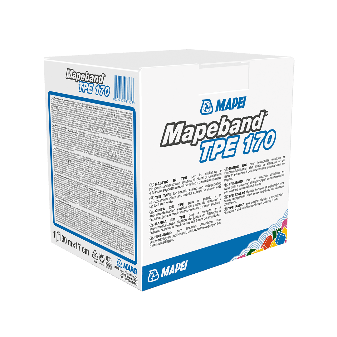 A package of Mapeband TPE 170 waterproofing tape by MAPEI on a white background.